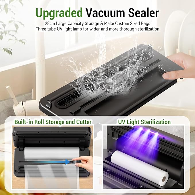 Vacuum Sealer for Food, Food Saver Vacuum Sealer Machine, Powerful Suction, Build-in Cutter, UV Compact Food Sealer, Dry&Wet Modes, Vacuum Sealer Kit with Bag Roll&Mason Jars&Reusable Vacuum Seal Bags