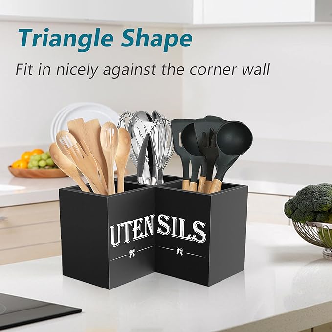 Suli Extra Large Kitchen Utensils Holder with 3 Compartments,Corner Utensil Caddy for Countertop,Wooden Utensil Organizer for Kitchen Countertop, Farmhouse Decor- Black