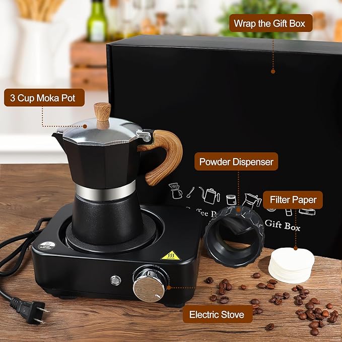 4-in-1 Moka Pot Espresso Set with Electric Stove 3 Cup Aluminum Stovetop Coffee Maker Percolator Italian Classic Mocha Coffee Machine with Powder Dispenser Filter Paper Portable Camping Black