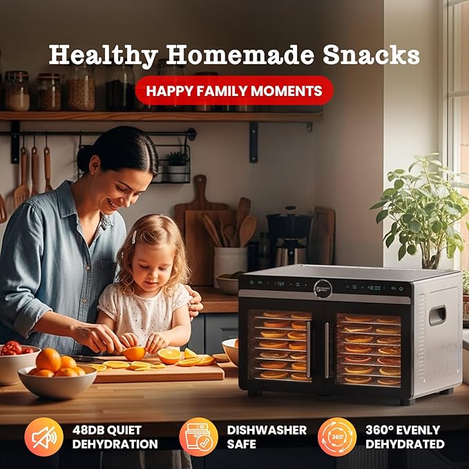 Magic Mill Premium DualZone Food Dehydrator, 16 Stainless Steel Trays with French Doors, Independent Temp Control, Rear Fan, Keep Warm Mode, for Jerky, Fruit, Veggies, Dog Treats, Meal Prep