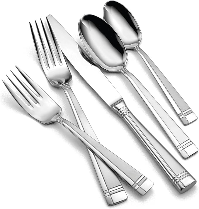Oneida Silverware Set, Amsterdam 45-Piece Everyday Flatware Set, Service For 8, 18/0 Stainless Steel, Rust Resistant, Dishwasher Safe, Knives Spoons And Forks Set, Home And Kitchen (Silver, 45 Piece)