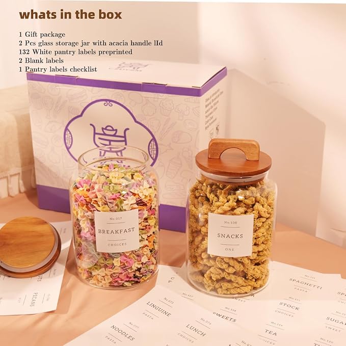 2 Pack Large Glass Flour and Sugar Containers with 132 Pantry Labels - 64 FL OZ Glass Canisters with Bamboo Airtight Lids - Farmhouse Glass Cookie Jars for Rice, Pasta, Cereal, Bath Salt