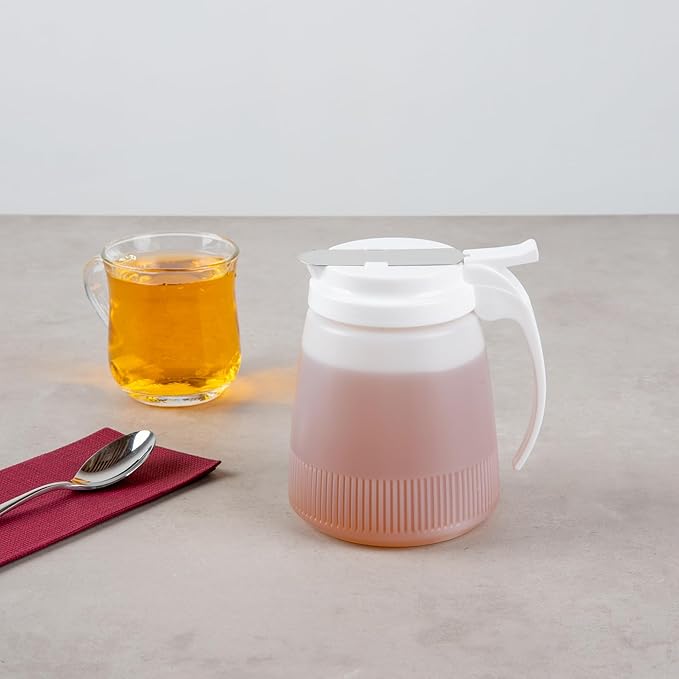 Restaurantware-Chef 101 32 Ounce All Purpose Syrup Dispenser, 1 Honey Dispenser - White Top, Stainless Steel Slide Cover, Plastic Pancake Syrup Bottle, Perfect For Diners, Restaurants, Home