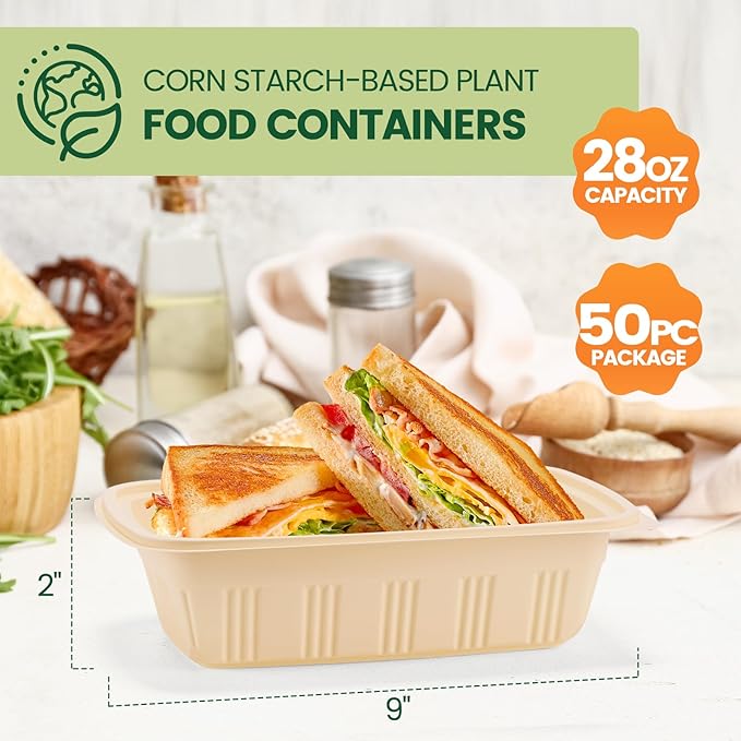 100 Piece (50 Pack) Meal Prep Containers with Lids, 28 oz Cornstarch Food Storage Containers Plant-based Lunch Box for Salad,BPA Free Plastic Take Out Containers Microwave and Freezer Safe