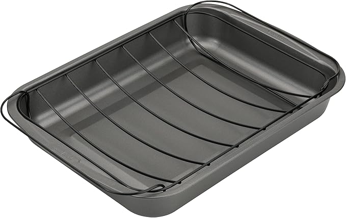 GoodCook Everyday Roast Pan with Rack Rectangular Nonstick Construction Large Capacity Metal Utensil-Safe, 15 x 11-Inch, Gray
