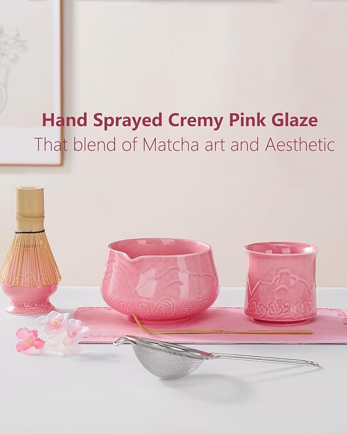 ZENS Pink Matcha Set, 7pcs Matcha Whisk Set Includes 15oz Ceramic Bowl and Cup for Bamboo Whisk, (Chasen Holder), Scoop, 304 Sifter and Tea Mat, Pink Matcha Kit for Matcha Lovers