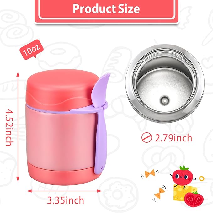 10oz Soup Thermo for Hot Food Kids,Lunch Thermo Kids Food Jar with Spoon Hot Insulated Food Containers,Leak Proof Stainless Steel Wide Mouth Lunch Thermo Jar for School(Pink)
