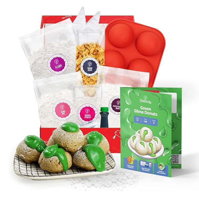 Baketivity Green Donut Kids Baking Kit | Edible Kit for Girls & Boys Ages 6-12 | Baking Set with Pre-Measured Ingredients & Donut Mold