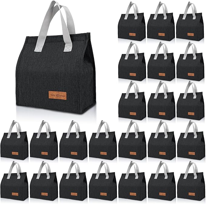 VZZNN 24 Pack Lunch Bags Bulk,Insulated Reusable Lunch Bags with Aluminum for Women Men,Leakproof Tote Large Lunch Box for Office,Work,Beach or Travel,Black