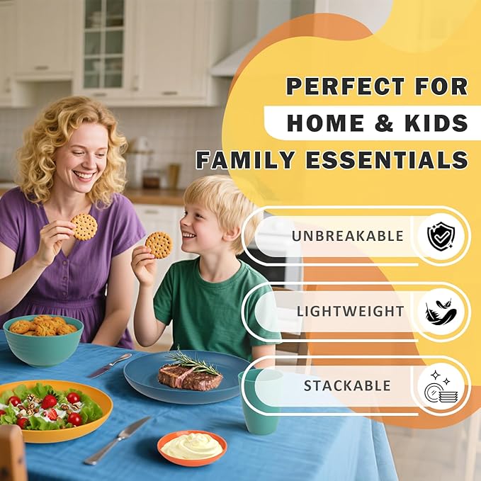 Wheat Straw Dinnerware Sets, Unbreakable Plates and Bowls Sets of 16, Kids Dinnerware Set Sevice for 4, Dishwasher & Microwave Safe Dish Set for Kitchen, Outdoor, Camping - Multi