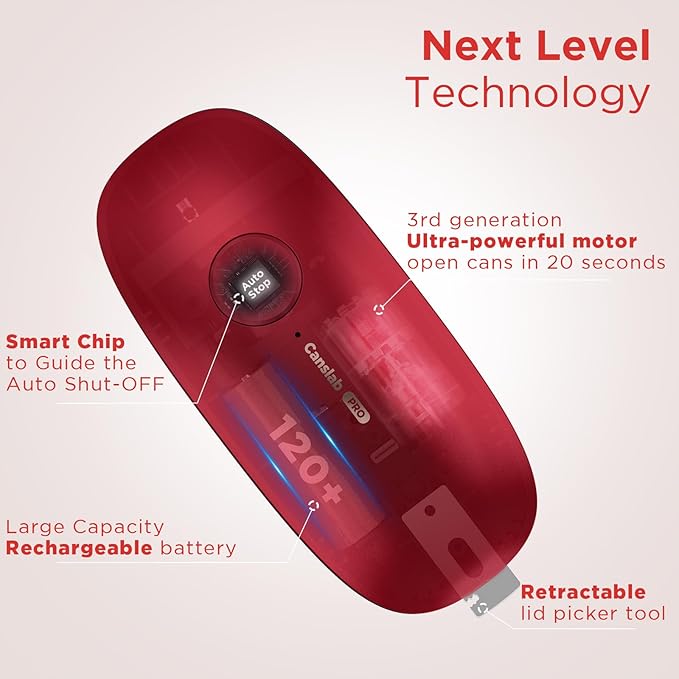 Canslab Ultrablade PRO Auto Stop Can Opener - Rechargeable Electric Can Opener for Kitchen for Seniors with Arthritis- One touch Side Cut Can Opener, Smooth Edge, Handfree, Portable Small Size, Red