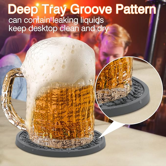 3 Pack Silicone Coasters for Drinks, Thickened Coaster with Deep Tray Grooved Design Cup Mat, Washable Heat Resistant Durable Non-Slip Coasters for Coffee Table Wooden Desk Kitchen Bar (Dark Grey)
