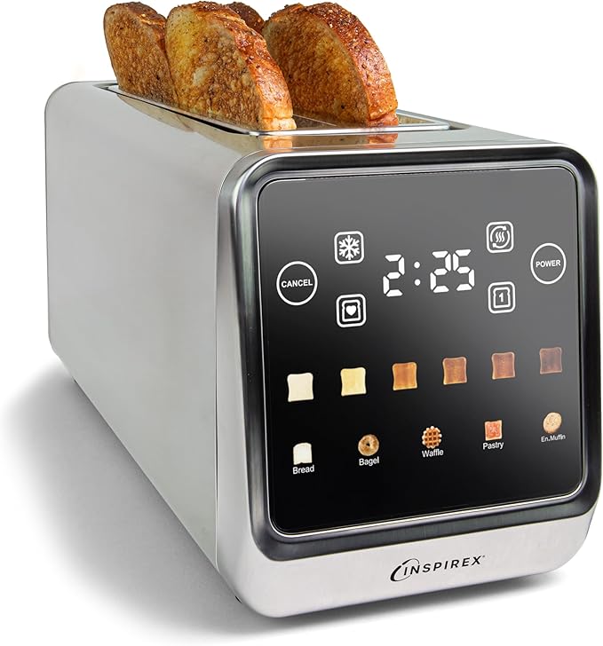 Inspirex Touch Screen Toaster - 4 Slice Long Extra-Wide Slots - 5 Bread Type and 6 Browning Levels - Defrost, Reheat, Favorite, Single Slot Settings - Stainless Steel