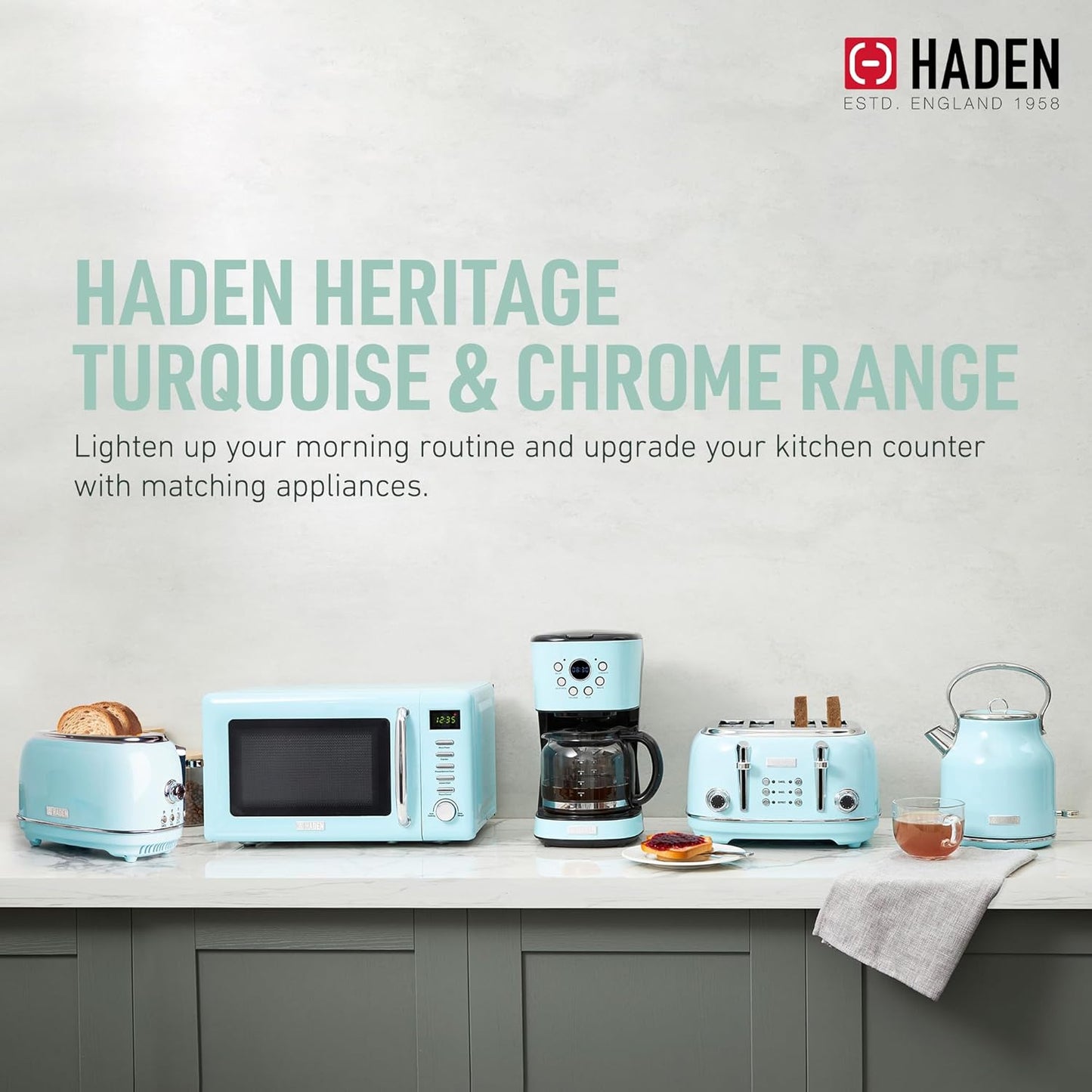 Haden Heritage 1.7 Liter Stainless Steel Electric Kettle, Hot Water Kettle with 360-Degree Base and Auto Shutoff, Turquoise & Chrome