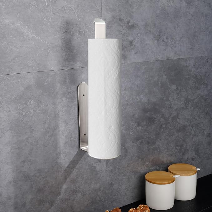 Self Adhesive Paper Towel Holder Under Cabinet Mount, 304 Stainless Steel Wall Mount Paper Towel Roll Rack for Kitchen Cabinet, Bathroom (Silver)