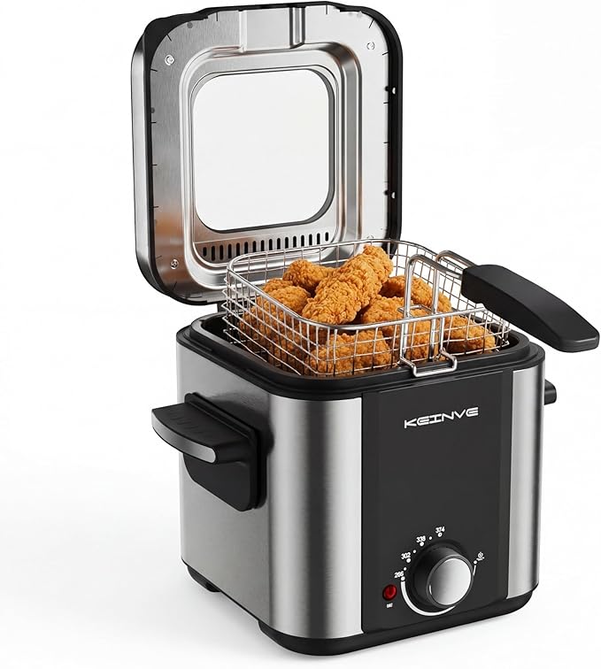 KEINVE Electric Deep Fryer, 1.5 Liters 900W Oil Fryer Perfect for Home Use, Small Deep Fryer with Basket, Cool Touch Sides, Nonstick
