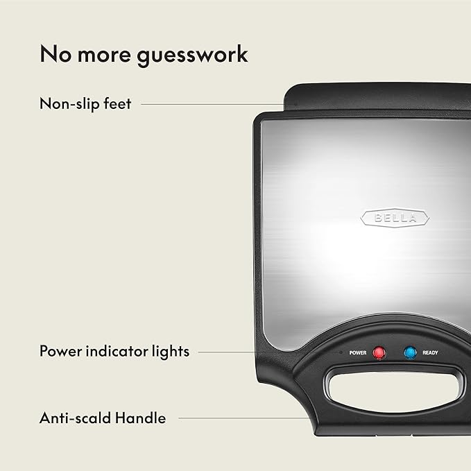 bella Waffle Iron - 4 Square Belgian Waffle Maker, Non-stick Extra Large Plates for Easy Cleanup - Compact Design, Stainless Steel, Black, 1400W