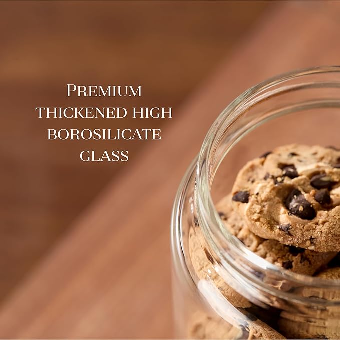 Glass Canister Set of 5 with Acacia Wood Lids Airtight Food Storage Jars for Kitchen Pantry Organization Containers for Spaghetti, Flour, Sugar, Coffee, Tea, Overnight Oats Yogurt More