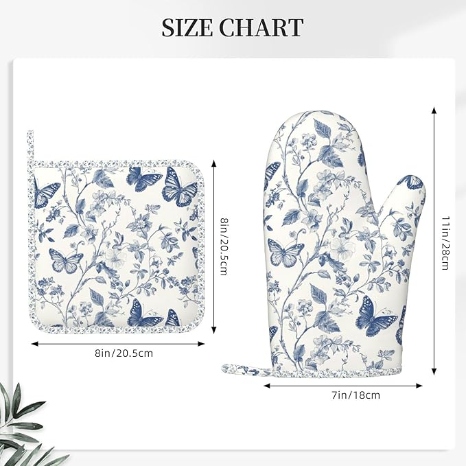 Oven Mitts and Pot Holders Butterfly Flower Vintage Blue Silicone Kitchen Accessories Set of 4 Heat Resistant Long Gloves Potholder Non-Slip Grip for Chef Cooking Baking Grilling BBQ
