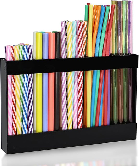 9.5" Large Acrylic Straw Holder for Cabinet Door-Reusable Tumbler Straw Organizer Storage,Small Kitchen Organizers and Storage Accessories Container, Ultra Sticky Cupboard Door Mounted(Black)