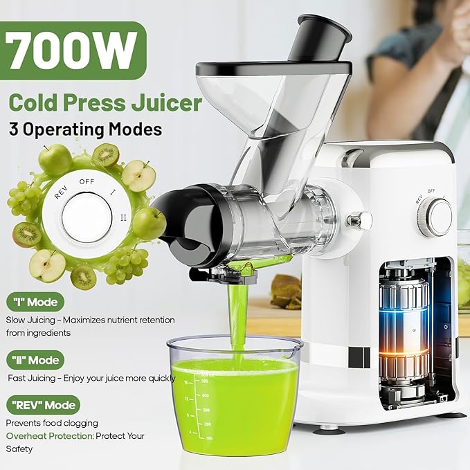 GVODE Cold Press Juicer, Powerful Masticating Juicer with Dual Feed Chute, Electric Juicer with Pulp Separation, Countertop Juicer Machines, 75dB, 3 Mode Operations, Overheat Protection