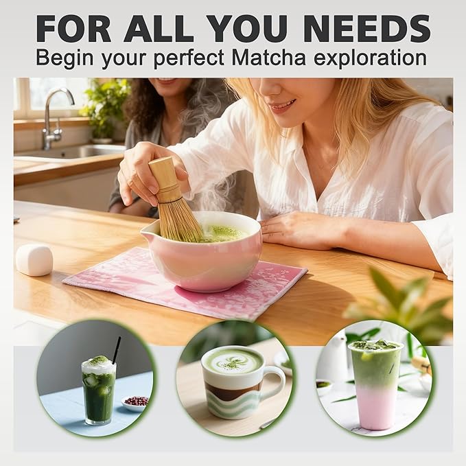 Matcha Whisk Bowl Set, 7PCS All-in-One Japanese Tea Set Includes Matcha Bowl with Spout, Bamboo Whisk (Chasen) with Stand, Scoop, Sifter, Complete Kit for Ceremony, Gift for Matcha Tea Lovers