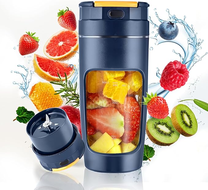 Slim Portable Blender Cup, 20oz (600ml) Personal Travel Juicer with Leakproof Lid, USB-C Rechargeable Licuadora Portatil for Smoothies and Shakes, Auto-Cleaning(dark blue)