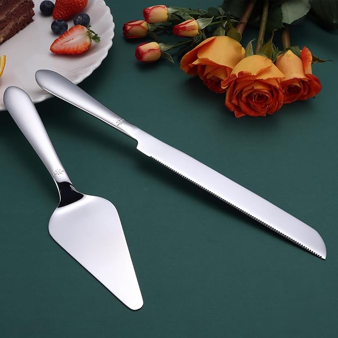 Eisinly Cake Cutting Set for Wedding, Elegant Cake Knife and Server Set with Thickened Stainless Steel Rounded Edges, Cake Cutter and Pie Spatula for Birthday Anniversary, 2 Pcs, Silver