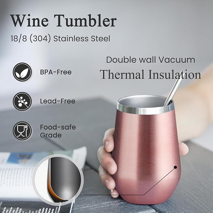 MEWAY 12oz Stainless Steel Wine Tumbler with Lid and Straw - Double Wall Stainless Steel Coffee Mug, Gift for Woman Under 10 dollars， 8 Pack Bulk tumblers(Rose Gold,Set of 8)