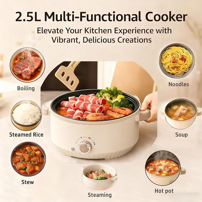 Versatile 2.5L Real Capacity Non-stick Electric Hot Pot Multicooker Glass Lid with Steamer Electric for Steaming, Boiling Stewing hotpot pots electric cooking ramen cooker Dorm