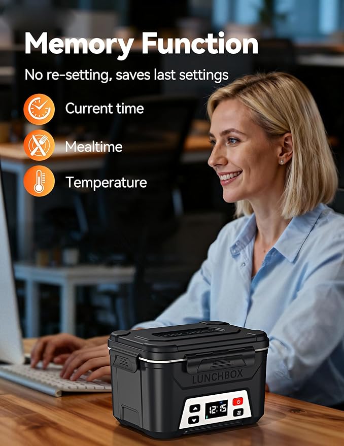 EAST OAK Heated Lunch Box for Men, Electric Lunch Box for Adults, 5.5 Cups Cordless Portable Food Warmer, Rechargeable Self Heating Food Heater with Memory Function, Automatic Keep Warm(Matte Black)