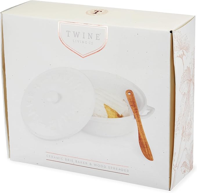 Twine Ceramic Brie Baker with Acacia Wood Spreader, Brie Baking Dish with Lid, Brie Cheese Baking Dish, Ceramic Bakeware, White, Set of 1