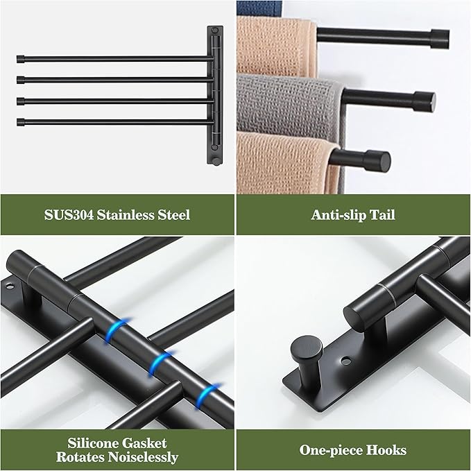 Alise Swivel Towel Rack, SUS304 Stainless Steel 4 Arms Towel Bar, Space Saving Swing Out Towel Bar with Hook, Towel Racks Wall Mounted for Bathroom, Matte Black