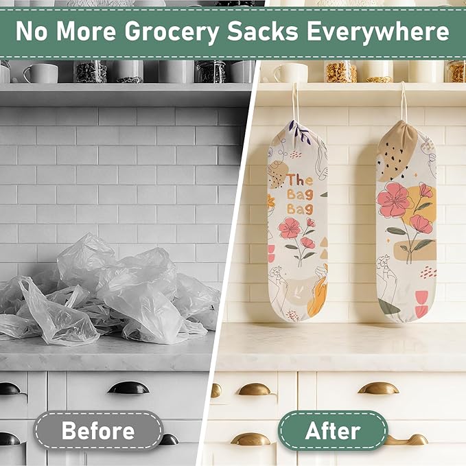 2PCS Boho Plastic Bag Holder for Kitchen Essentials, Reusable Hanging Grocery Bag Organizer, Washable Large Grocery Trash Garbage Bags Storage Dispenser Boho Kitchen Decor-07