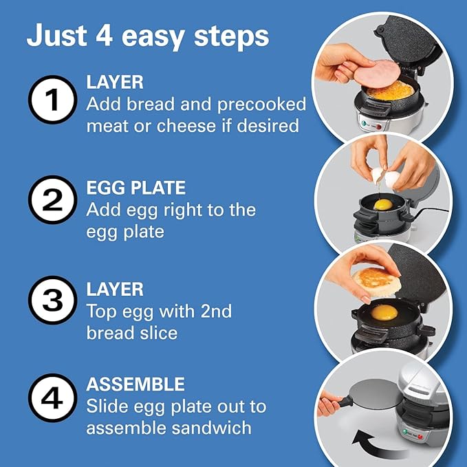 Hamilton Beach Breakfast Sandwich Maker with Egg Cooker Ring,Customize Ingredients,Perfect for English Muffins,Croissants,Mini Waffles,Perfect White Elephant Gifts,Silver (25475),(Pack of 4)