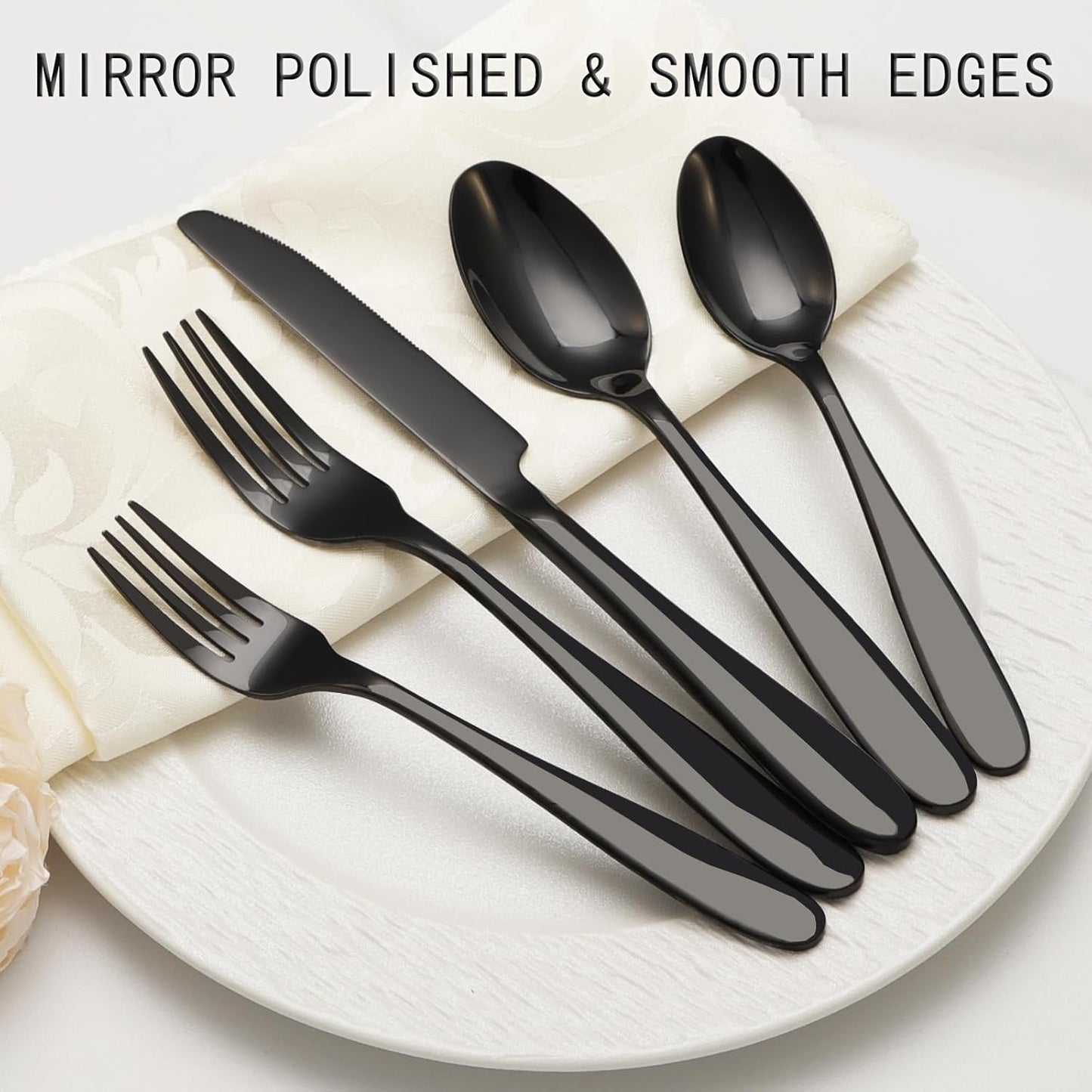 40-Piece Black Silverware Set, Flatware Set for 8, Food-Grade Stainless Steel Tableware Cutlery Set, Mirror Finished Utensil Sets for Home Restaurant, Forks Spoons and Knives Set, Dishwasher Safe
