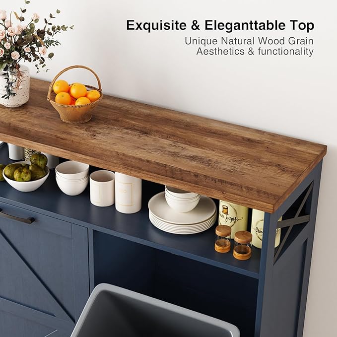 Double Tilt Out Trash Can Cabinet for 13 * 2 Gallon Trash Can, Farmhouse Kitchen Island Cabinet with Adjustable Shelf for Hidden Laundry Basket, Dog Proof Garbage Can for Dining Living Room, Blue