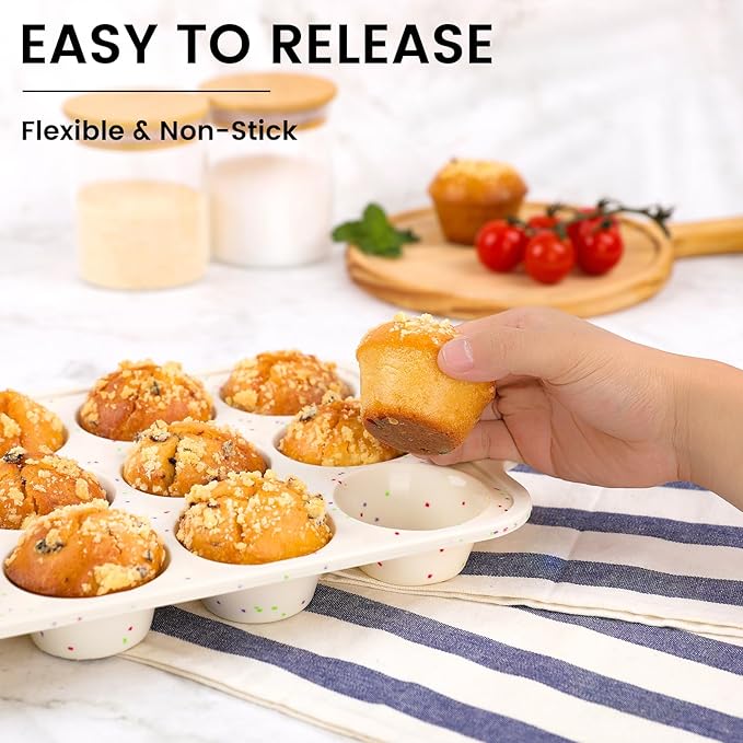 Vinino 1Pack Silicone Muffin Pan for Baking with Metal Reinforced Frame, 12 Cup Regular Size Cupcake Pan, BPA Free Silicone Muffin Tray, Cupcake Baking Pan Molds for Oven Dishwasher Safe - Cream