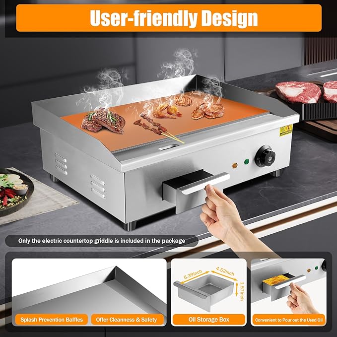 Commercial Electric Countertop Griddle 110v 22" 3000W, Flat Top Grill Hot Plate BBQ, Non-Stick Countertop Teppanyaki Grill for Restaurant Kitchen BBQ Party, 122~572℉Adjustable Temperature Control