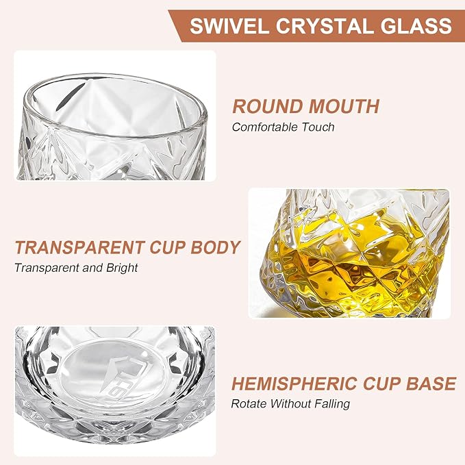 Rotatable Old Fashioned Glass Cup, 275ml/10oz Crystal Whiskey Glass Set of 2, Wood Coaster, Thickening, Used as Rum Glass Cup, Cocktail, Coffee, Milk to Relax and Reduce Stress, Christmas gifts