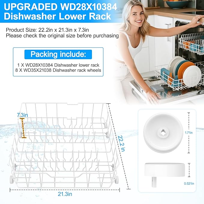 Upgraded WD28X10384 WD28X10309 Dishwasher Lower Rack Compatible with GE Dishwasher Rack Replacement Parts,WD28X10166 WD28X10165 General Electric Dishwasher Parts Bottom Rack GLD4560V00SS with Wheels