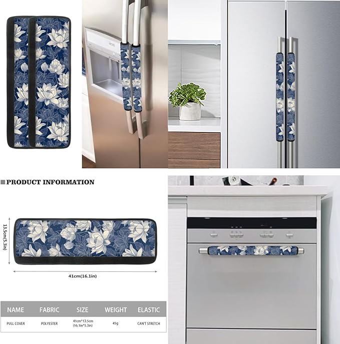 6 PCS Washable Refrigerator Door Handle Covers Anti-Skid Protector for Fridge Oven Dishwasher Keep Off Fingerprints Liquid Oil Stain Food Spot, Lotus Flower