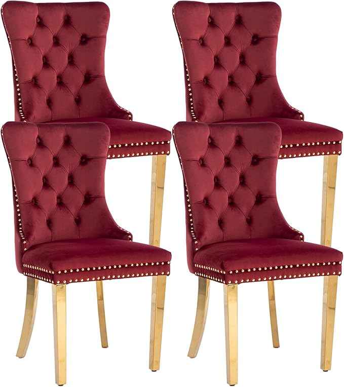 Velvet Dining Chairs Set of 4, Dining Room Chairs Set of 4, Tufted Upholstered Dining Room Chair, Back Ring Pull Trim, Golden Stainless Steel Legs, Wine Red