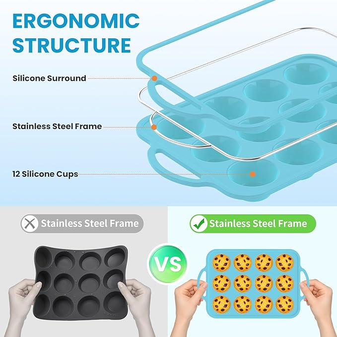 2Pack Silicone Muffin Pan for Baking with Metal Reinforced Frame, 12 Cup Regular Size Cupcake Pan, BPA Free Silicone Muffin Tray, Cupcake Baking Pan Molds for Oven Dishwasher Safe - Blue