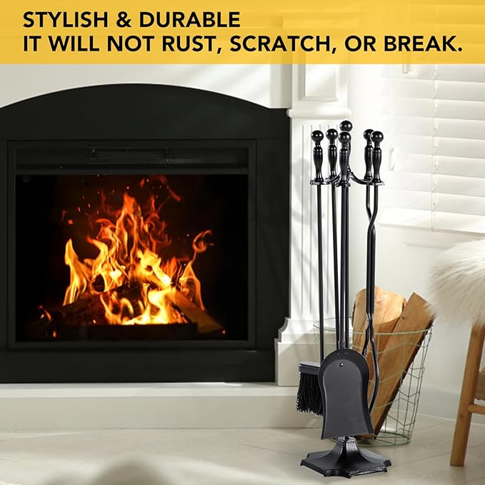 nalone 5 Pieces Fireplace Tools Set with Upgraded Tong, Heavy Duty Wrought Iron Fireplace Accessories Set with Poker, Tong, Shovel, Brush