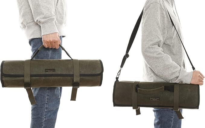 Denifiter Professional Chef's Knife Bag with Anti Cutting Fabric Inside, Heavy Duty 16oz Waxed Canvas, 10 Slots & 1 Large Zipper Pocket & Durable Handle(Army Green)