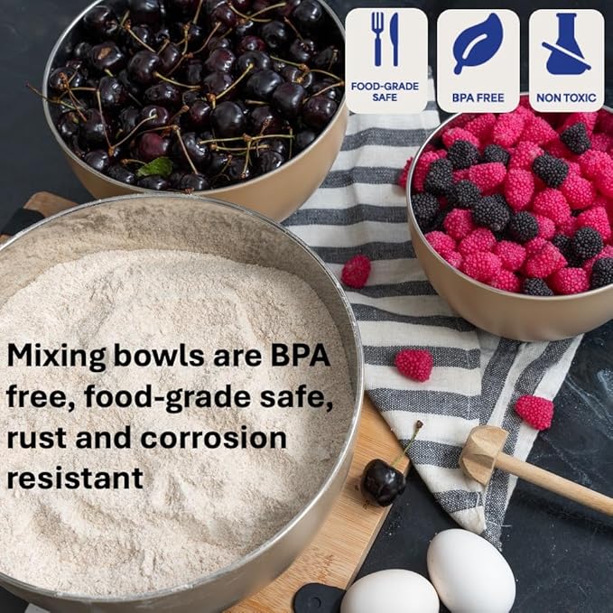 WHYSKO Stainless Steel Mixing Bowls Set of 3 with Non-Slip Silicone Base, Nesting Metal Bowls for Meal Prep, Baking, Cooking & Food Storage, Dishwasher Safe Kitchen Mixing Bowls, Tan