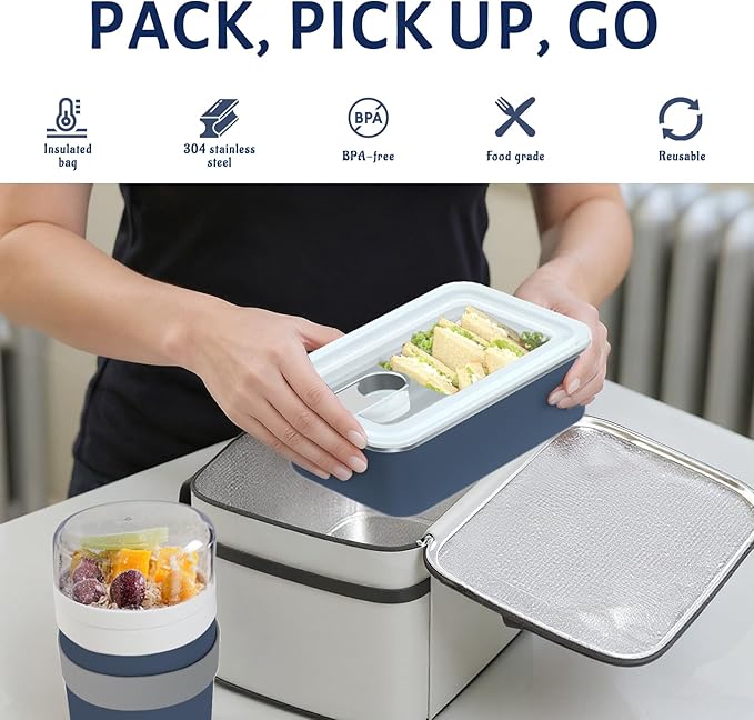 Bakpoco Stainless Steel Bento Lunch Box Set for Adult - 42oz Leak-Proof Bento Lunch Box Container with Thermo, Insulated Bag for Work Travel Dining Out