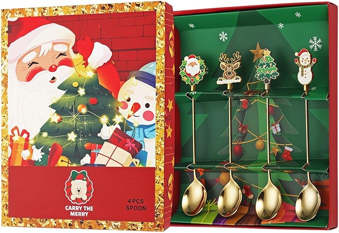 Christmas Teaspoon Gift Set of 4 | Premium 304 Stainless Steel Mirror Finish & Rust-Resistant | Small Spoon for Tea, Dessert & Coffee | Dishwasher Safe Hostess & Holiday Gift | Christmas Table Decor