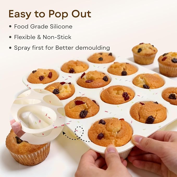 Silicone Muffin Pans for Baking Nonstick 2 Pcs, 12 Cup Regular Cupcake Pan, Food-Grade Silicone Baking Molds for Cupcakes, Egg Bites, Freezer, White